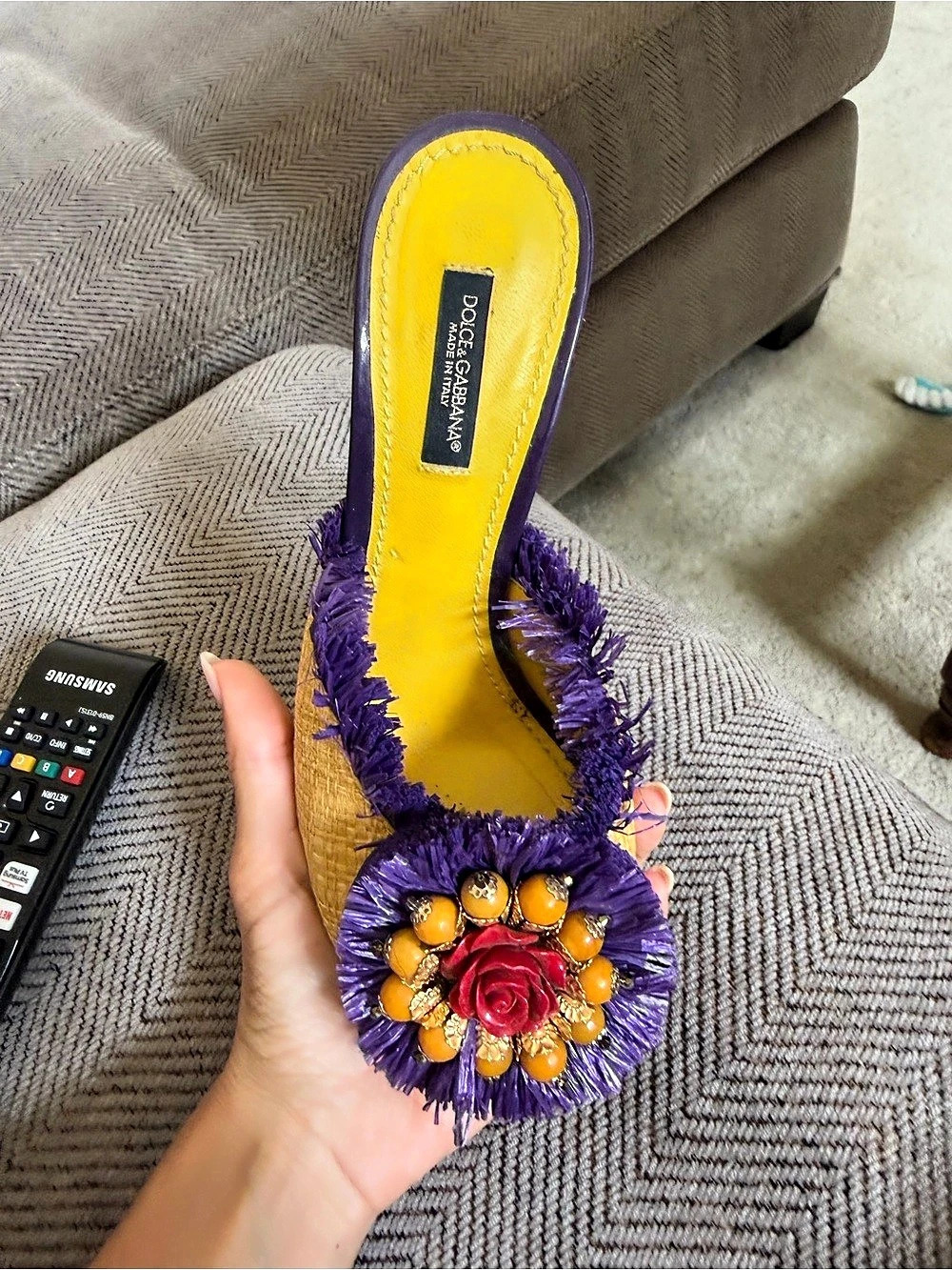 Dolce & Gabbana Raffia Floral Fringe Heels in Yellow & Purple - Picture 2 of 8